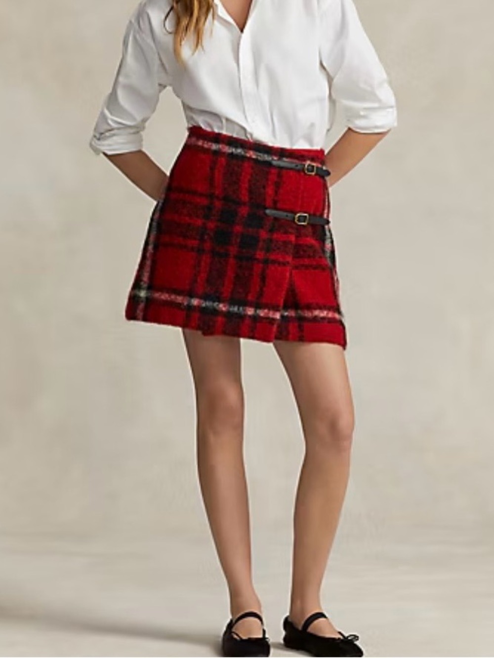 Polo Ralph Lauren Red Plaid Leather Trim Mini Skirt with Buckle Detail